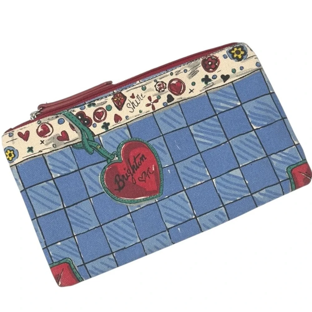 Brighton Designer Cosmetic‎ Bag Heart Charm Blue White Gingham Pouch Travel